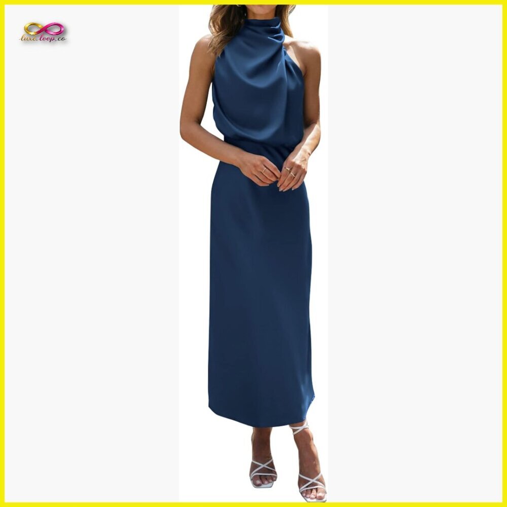 Satin Maxi Dress Elegant Formal‎ Cocktail Evening Wear Mock Neck Sleeveless